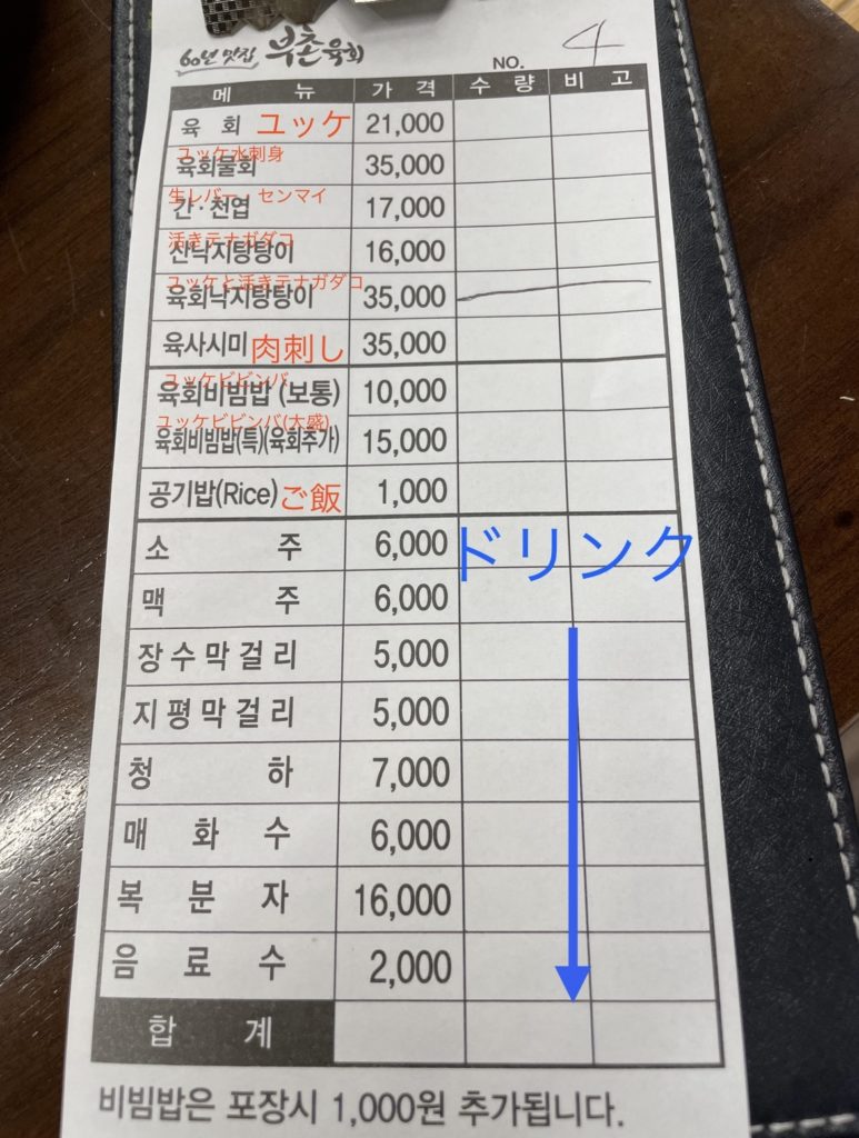 プチョンユッケメニュー