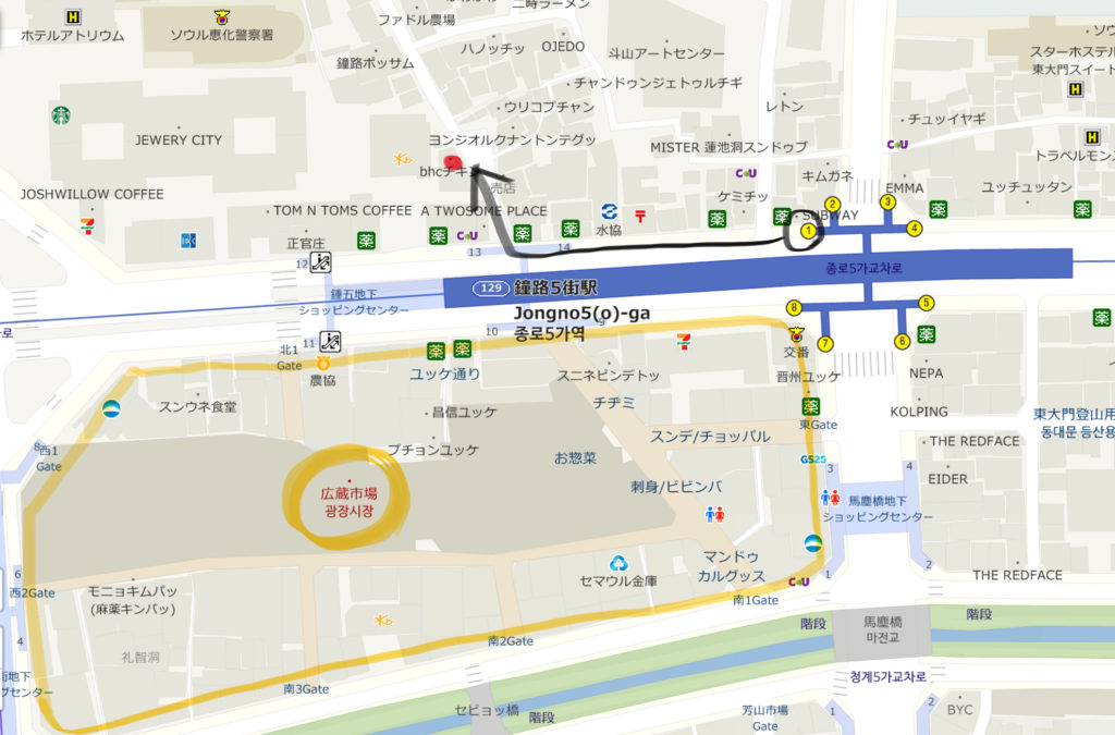 BHCチキン鐘路5街店 行き方