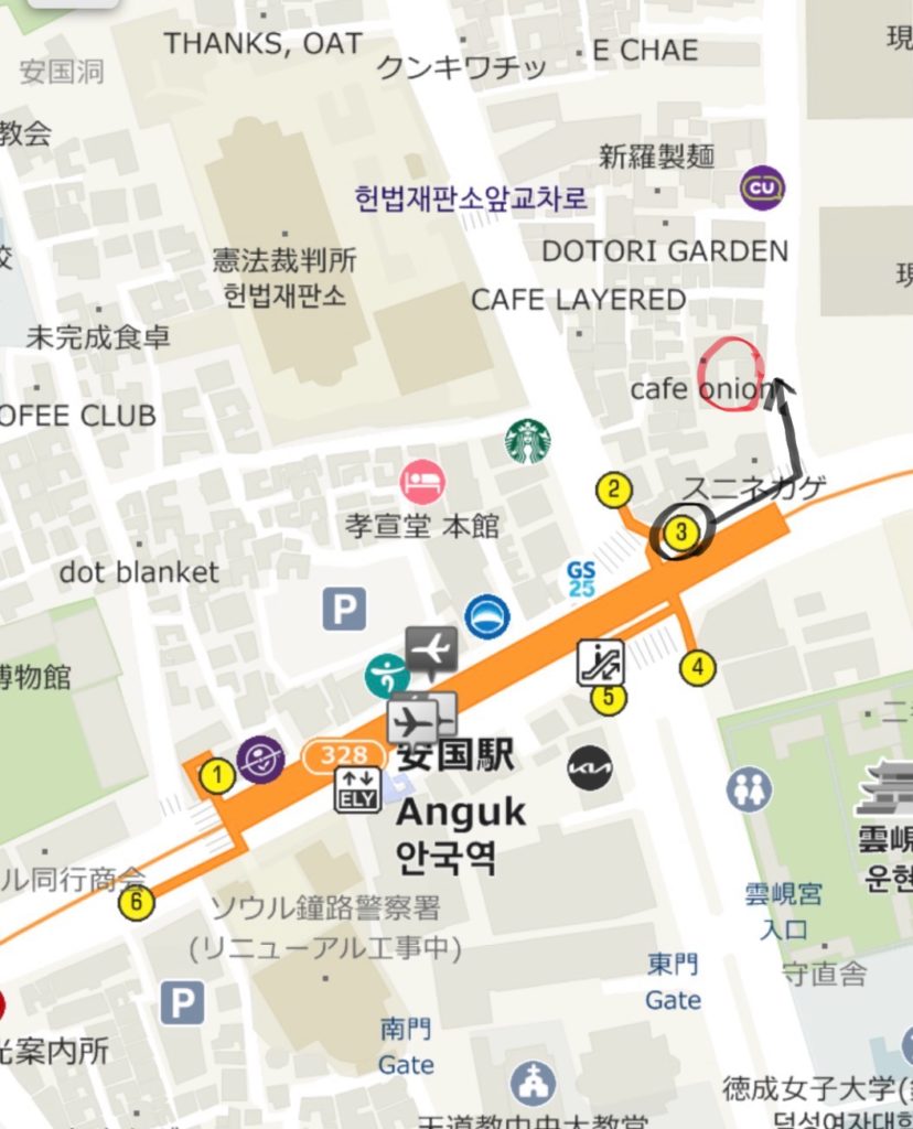 カフェ onion 安国店　行き方　地図